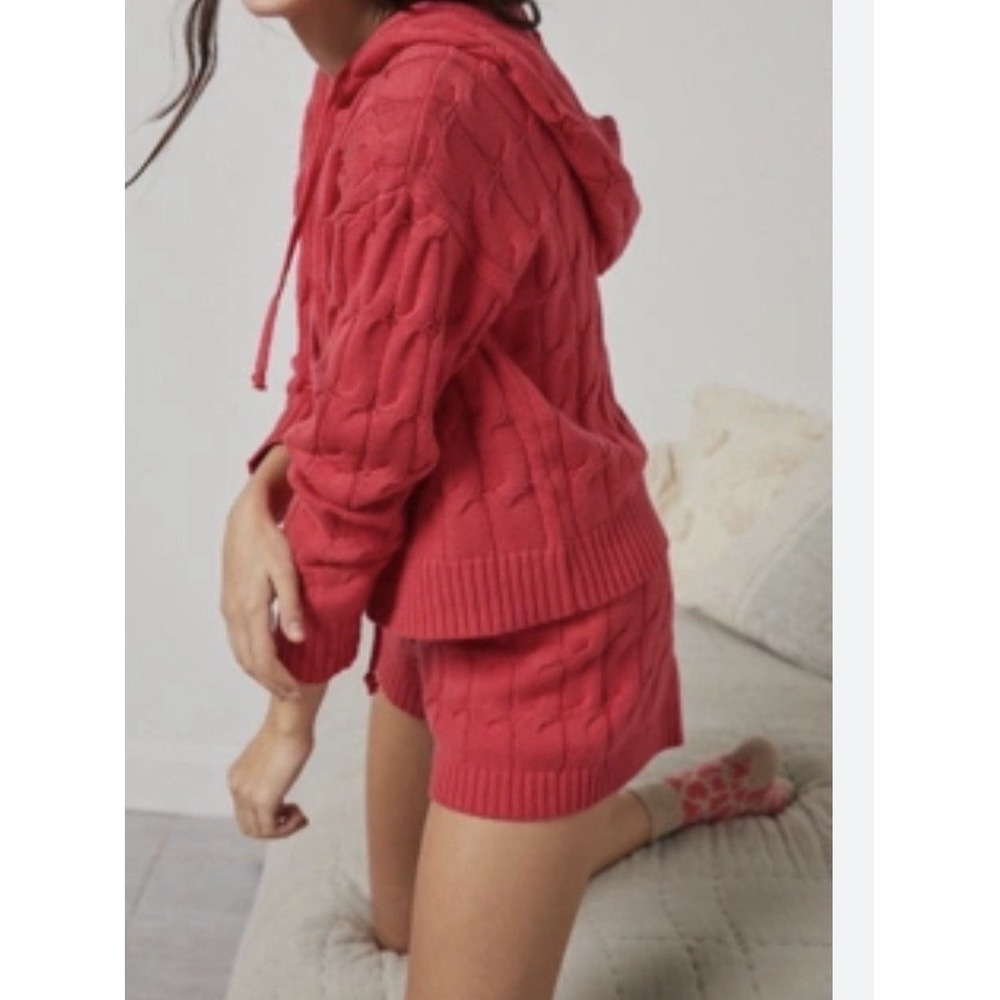 SATURDAY SUNDAY Travel Matching Set Cable Knit Elevated Loungewear Sz L Pink